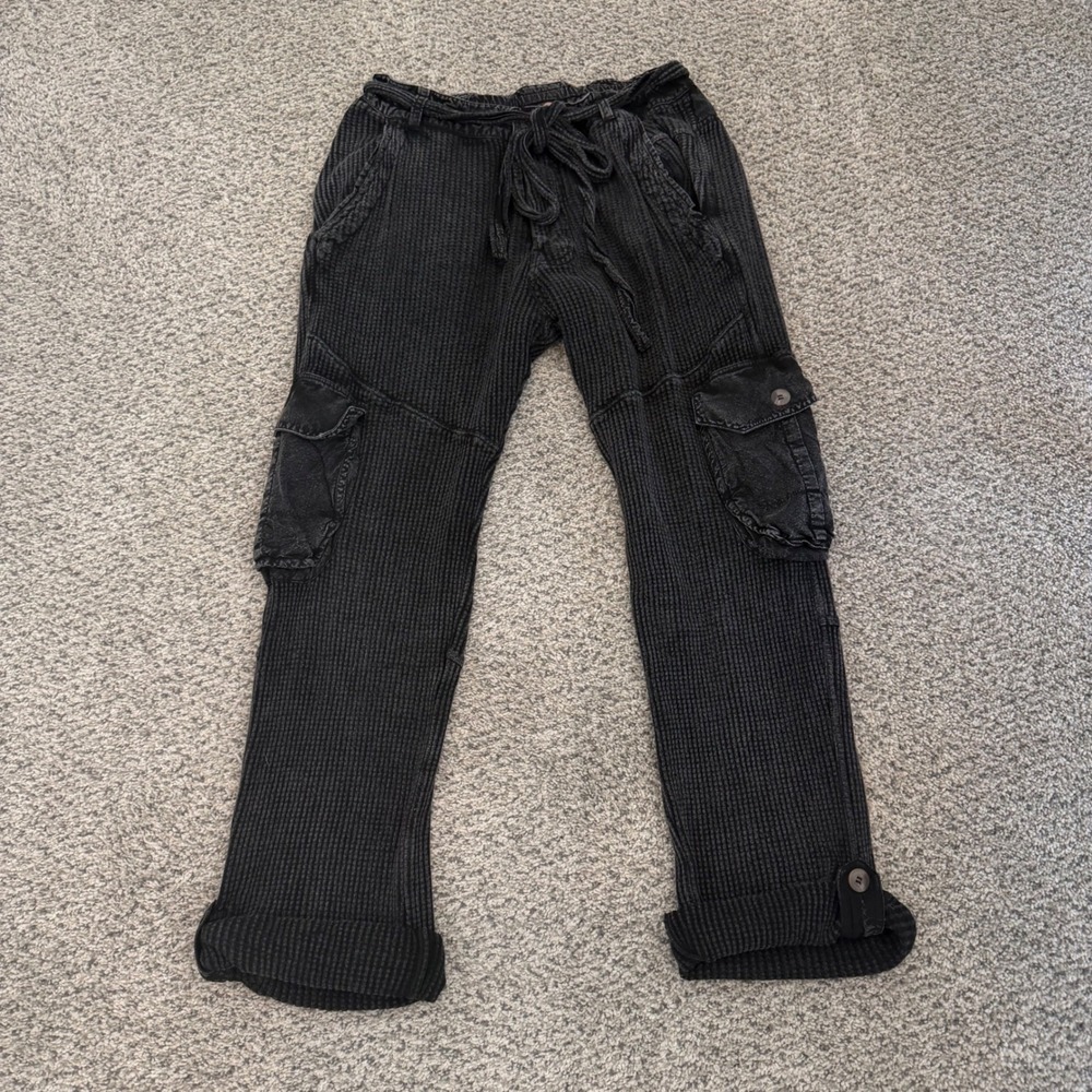 Free People FP One Waffle Knit Cargo Pants Washed Black Thermal Joggers XS Boho - Picture 8 of 9